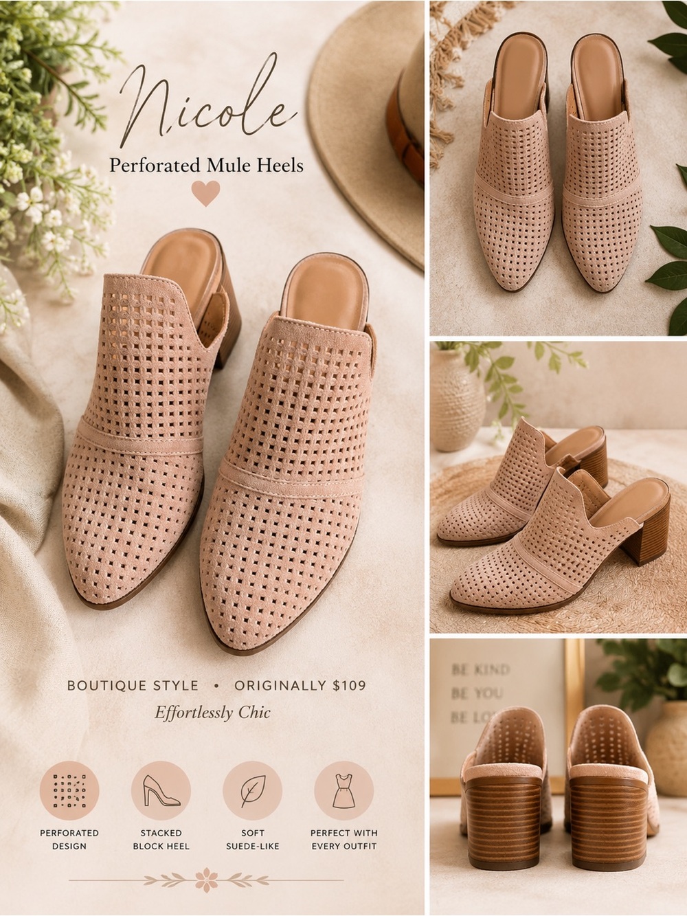 Nicole Blush Perforated Suede-Look Mule Heels
